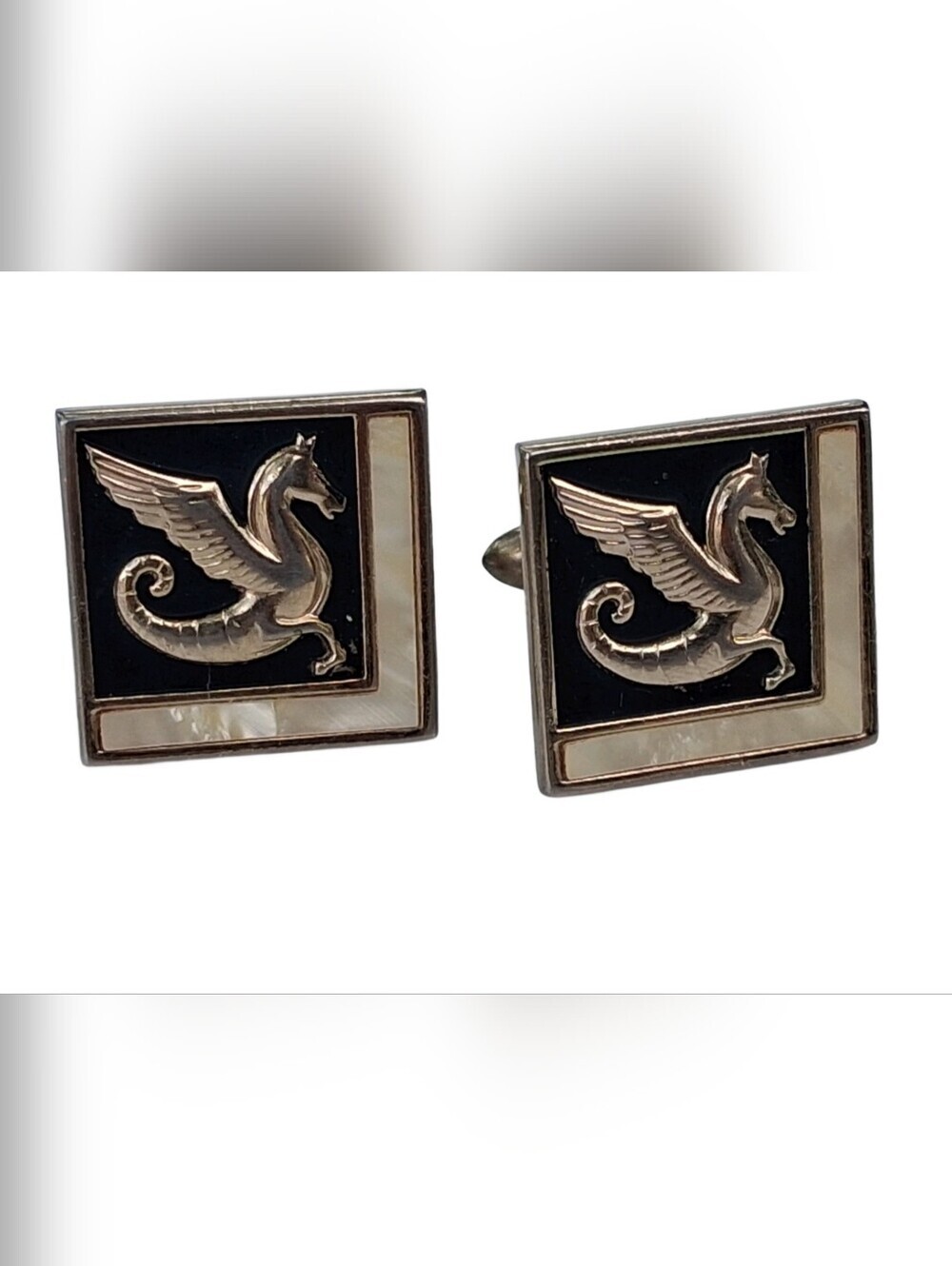 Vintage Swank Sea Dragon Griffin Cufflinks Mother of Pearl Black Enamel Square